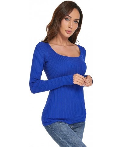 Women Scoop Neck Long Sleeve Scalloped Cuff Ribbed Pullover Sweater Blue $18.40 Sweaters