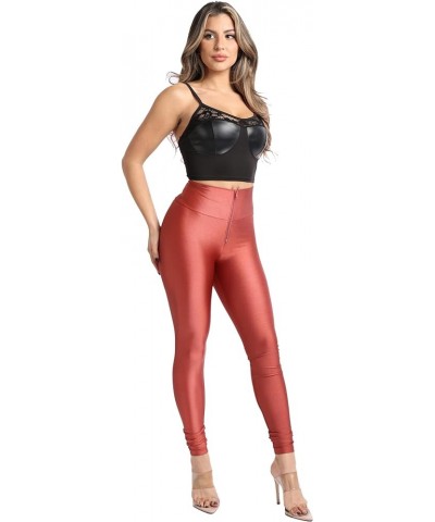 Shiny Skinny Leggings with Zipper - Stretch Active High Waist Tights Disco Party Club Night Out Pants Marsala $9.95 Leggings