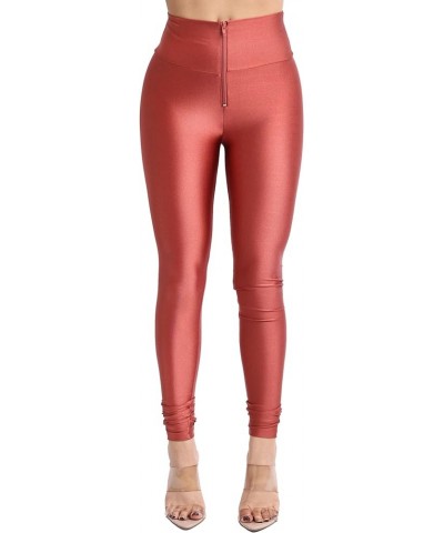 Shiny Skinny Leggings with Zipper - Stretch Active High Waist Tights Disco Party Club Night Out Pants Marsala $9.95 Leggings