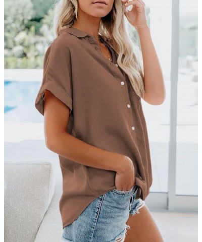 Womens Button Down Shirts Pocket Cap Sleeve Summer Blouse Military Utility Tops 2-dark Brown $12.89 Blouses