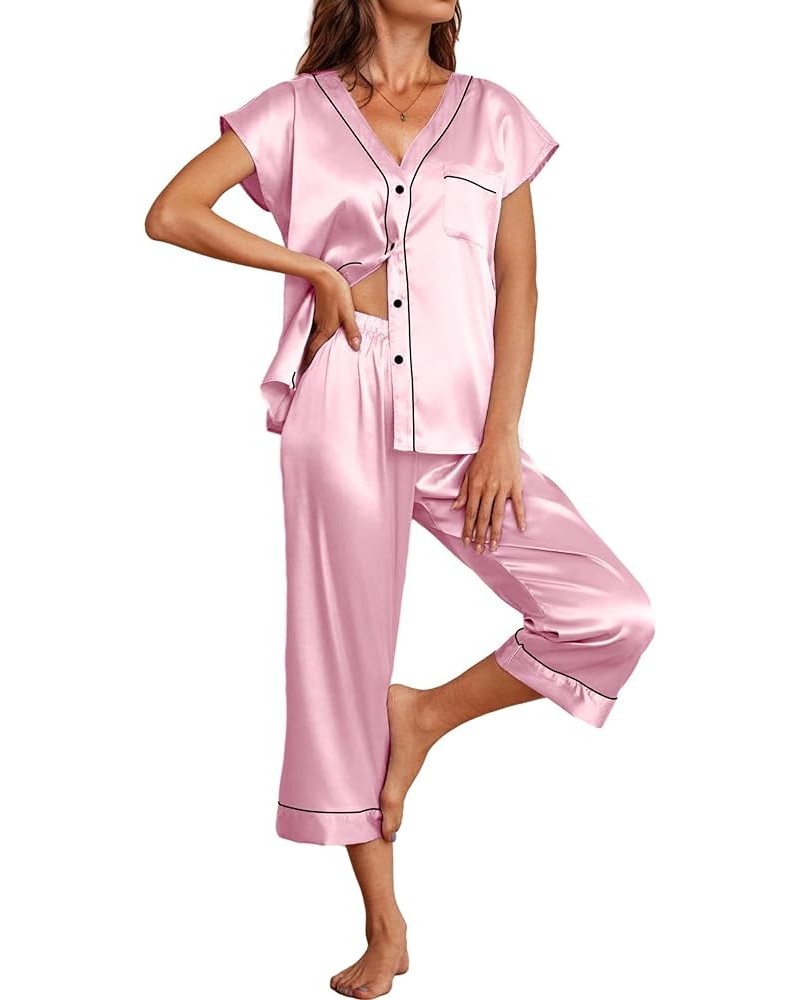 Satin Pajama Set Womens Short Sleeve V Neck Shirt with Capri Pants Button Down PJs Soft Silky Loungewear Pink $19.59 Sleep & ...