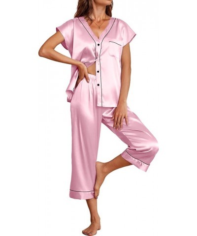 Satin Pajama Set Womens Short Sleeve V Neck Shirt with Capri Pants Button Down PJs Soft Silky Loungewear Pink $19.59 Sleep & ...