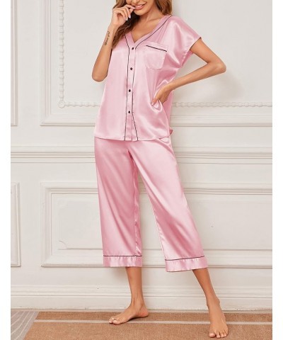 Satin Pajama Set Womens Short Sleeve V Neck Shirt with Capri Pants Button Down PJs Soft Silky Loungewear Pink $19.59 Sleep & ...