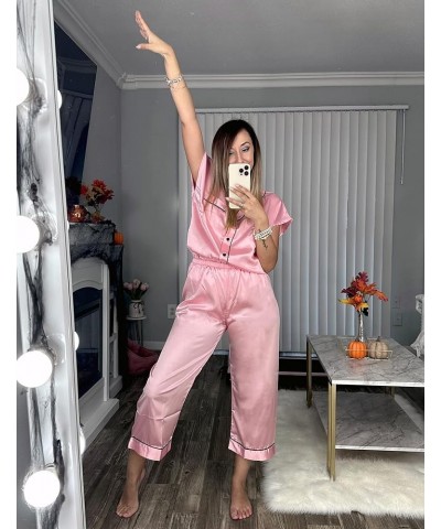 Satin Pajama Set Womens Short Sleeve V Neck Shirt with Capri Pants Button Down PJs Soft Silky Loungewear Pink $19.59 Sleep & ...