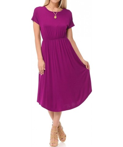 Women's Summer Short Sleeve Flare Midi Dress with Pockets in Solid and Floral Magenta $11.19 Dresses