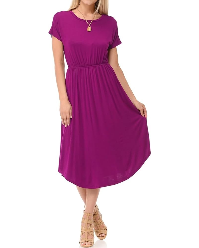 Women's Summer Short Sleeve Flare Midi Dress with Pockets in Solid and Floral Magenta $11.19 Dresses