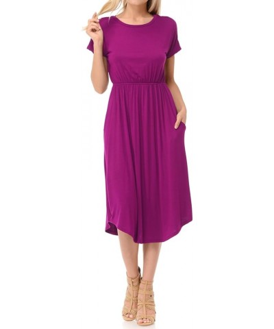 Women's Summer Short Sleeve Flare Midi Dress with Pockets in Solid and Floral Magenta $11.19 Dresses