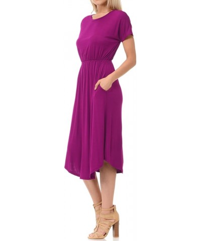 Women's Summer Short Sleeve Flare Midi Dress with Pockets in Solid and Floral Magenta $11.19 Dresses