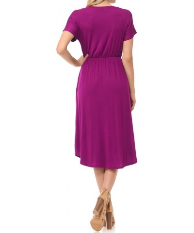 Women's Summer Short Sleeve Flare Midi Dress with Pockets in Solid and Floral Magenta $11.19 Dresses