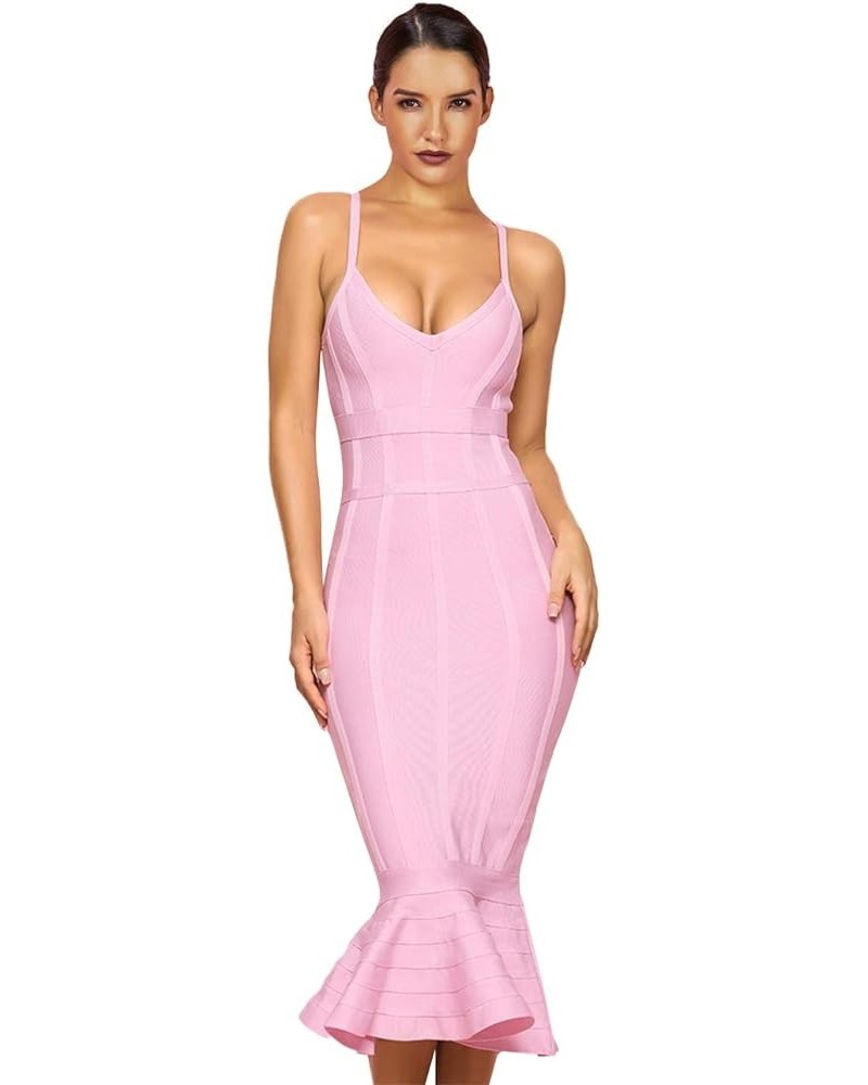 Women's Mermaid Spaghetti Strap V Neck Bodycon Midi Cocktail Bandage Dress Pink（order One Size Up） $30.60 Dresses