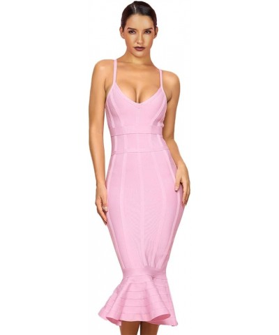 Women's Mermaid Spaghetti Strap V Neck Bodycon Midi Cocktail Bandage Dress Pink（order One Size Up） $30.60 Dresses