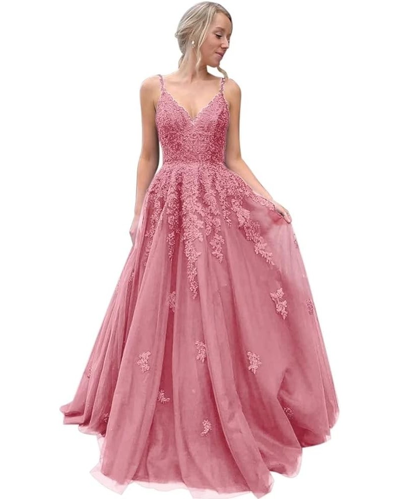 Lace Applique Prom Dresses Long V Neck Spaghetti Straps Tulle A Line Formal Evening Ball Gowns for Women Blush Pink $40.79 Dr...