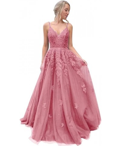 Lace Applique Prom Dresses Long V Neck Spaghetti Straps Tulle A Line Formal Evening Ball Gowns for Women Blush Pink $40.79 Dr...