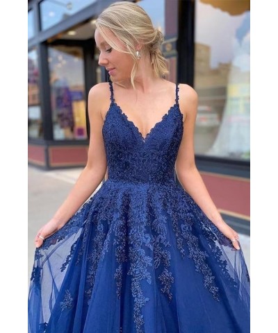 Lace Applique Prom Dresses Long V Neck Spaghetti Straps Tulle A Line Formal Evening Ball Gowns for Women Blush Pink $40.79 Dr...