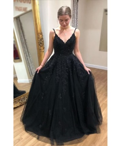 Lace Applique Prom Dresses Long V Neck Spaghetti Straps Tulle A Line Formal Evening Ball Gowns for Women Blush Pink $40.79 Dr...