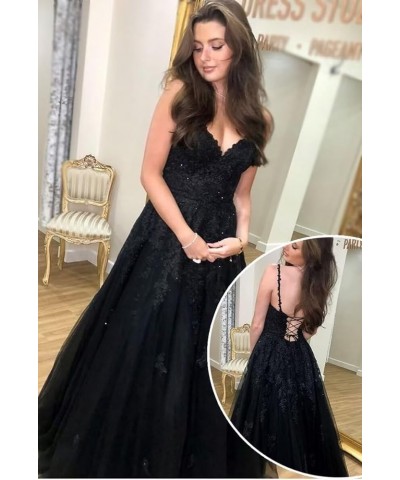 Lace Applique Prom Dresses Long V Neck Spaghetti Straps Tulle A Line Formal Evening Ball Gowns for Women Blush Pink $40.79 Dr...