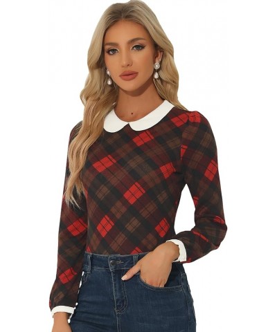 Women's Peter Pan Collar Contrast Puff Sleeve Christmas Xmas Party Shirt Blouse Red Brown $16.63 Blouses