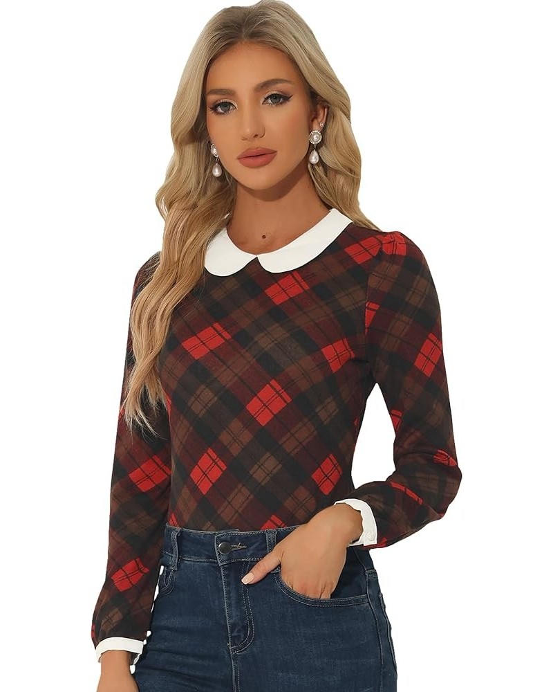 Women's Peter Pan Collar Contrast Puff Sleeve Christmas Xmas Party Shirt Blouse Red Brown $16.63 Blouses