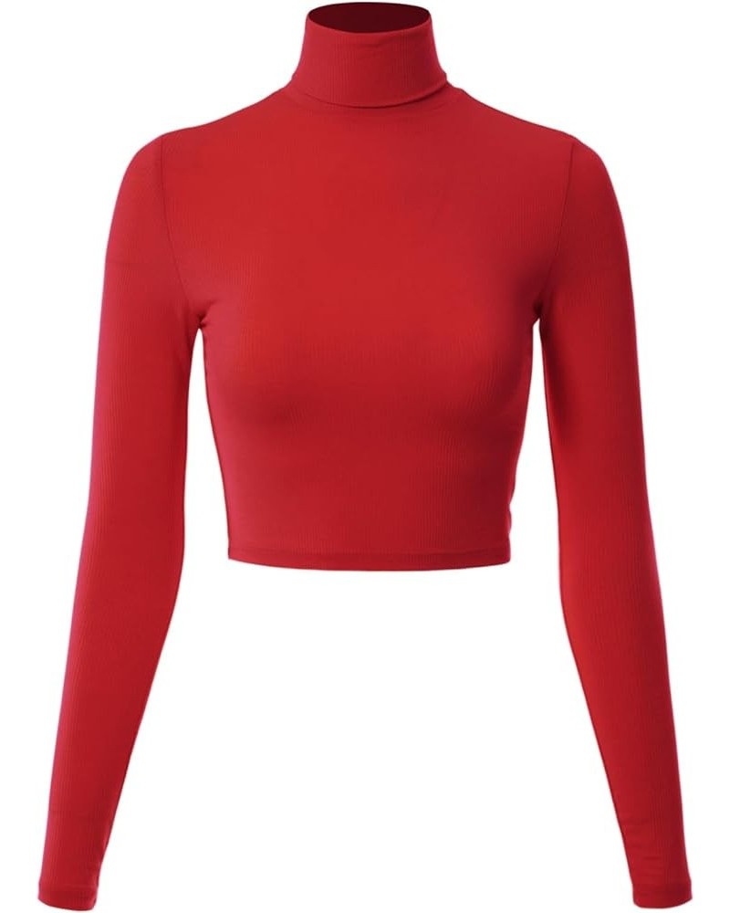 Women's Solid Long Sleeve Mock Neck Solid Crop Top T Shirt A Red $11.19 T-Shirts