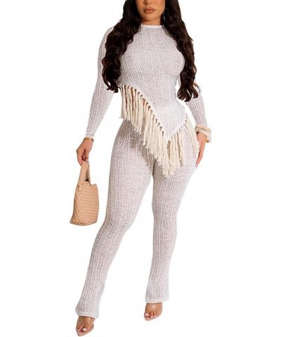 Women's 2 Piece Outfits Long Sleeve Irregular Hem Tassel Patchwork Tops Long Pants Sets Clubwear 25white $21.46 Jumpsuits