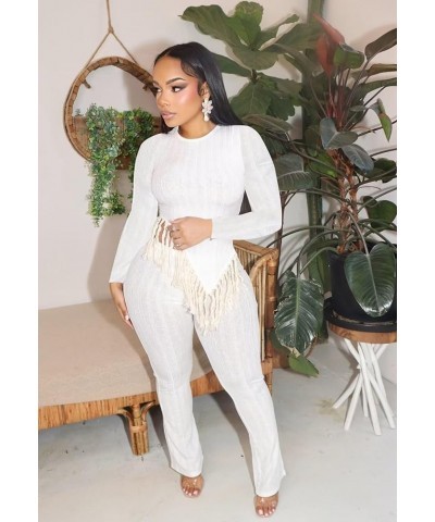 Women's 2 Piece Outfits Long Sleeve Irregular Hem Tassel Patchwork Tops Long Pants Sets Clubwear 25white $21.46 Jumpsuits