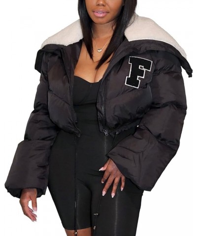 Women's Winter Cropped Puffer Jacket Long Sleeve Sherpa Lined Collar Zip Quilted Puffy Down Coats A-black $11.34 Jackets