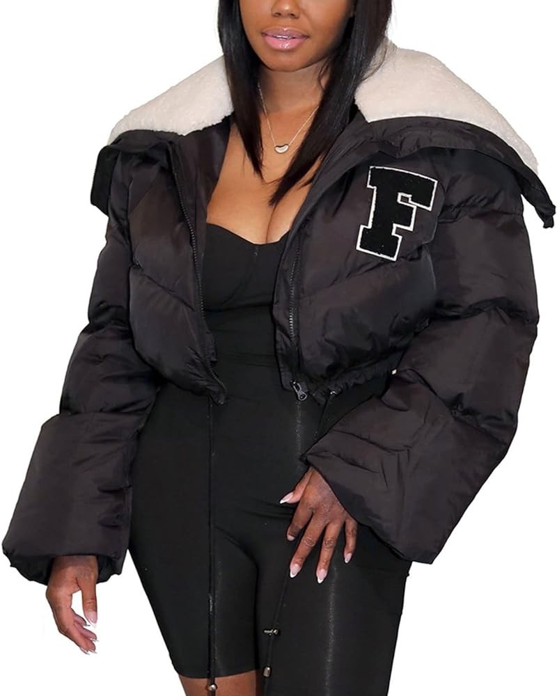 Women's Winter Cropped Puffer Jacket Long Sleeve Sherpa Lined Collar Zip Quilted Puffy Down Coats A-black $11.34 Jackets