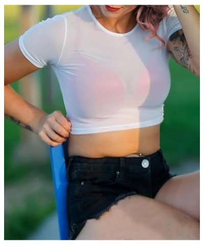 Women's Sexy Slim Mesh Sheer See Through Clubwear Stretchy Shirt Blouse Tops Crop Tops Crop Top_white $5.10 Blouses