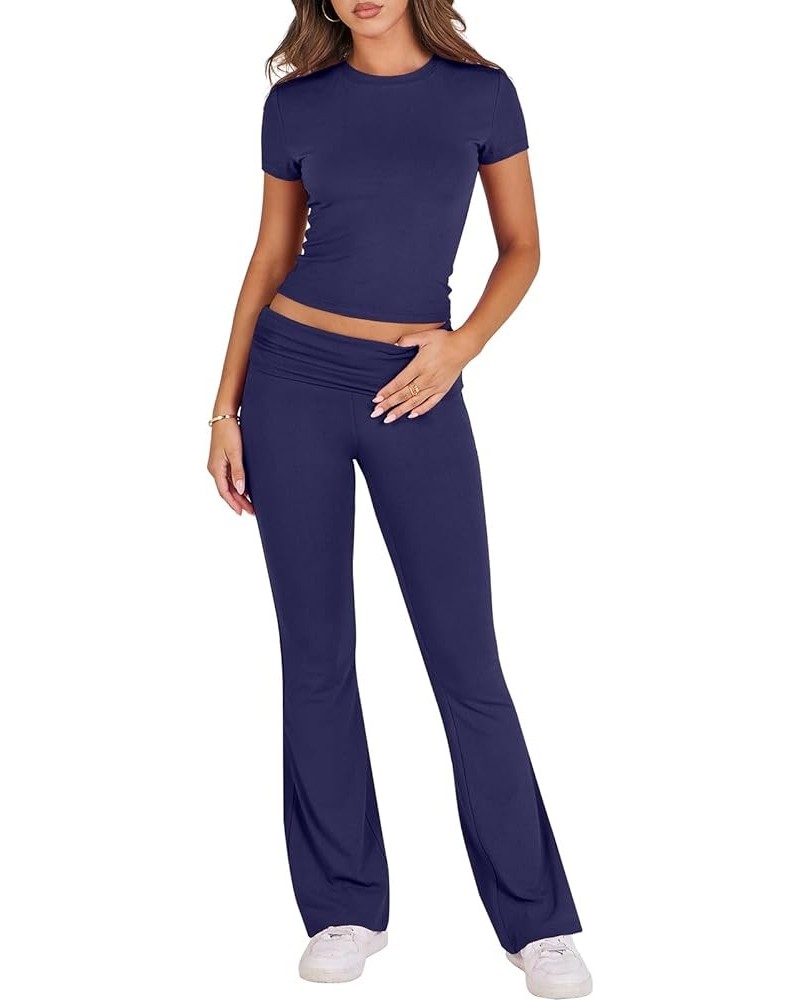 Women's 2 Piece Lounge Sets Fold-over Flare Pants Set Shorts Sleeve Y2K Cropped Top Casual Outfits Pajamas Navy Blue $21.99 S...