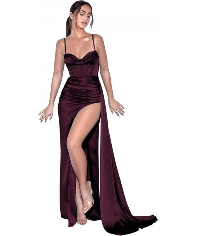 Women's Spaghetti Straps Satin Mermaid Prom Dress Long with Slit Pleated Bodycon Evening Formal Gowns Deep Burgundy $25.48 Dr...