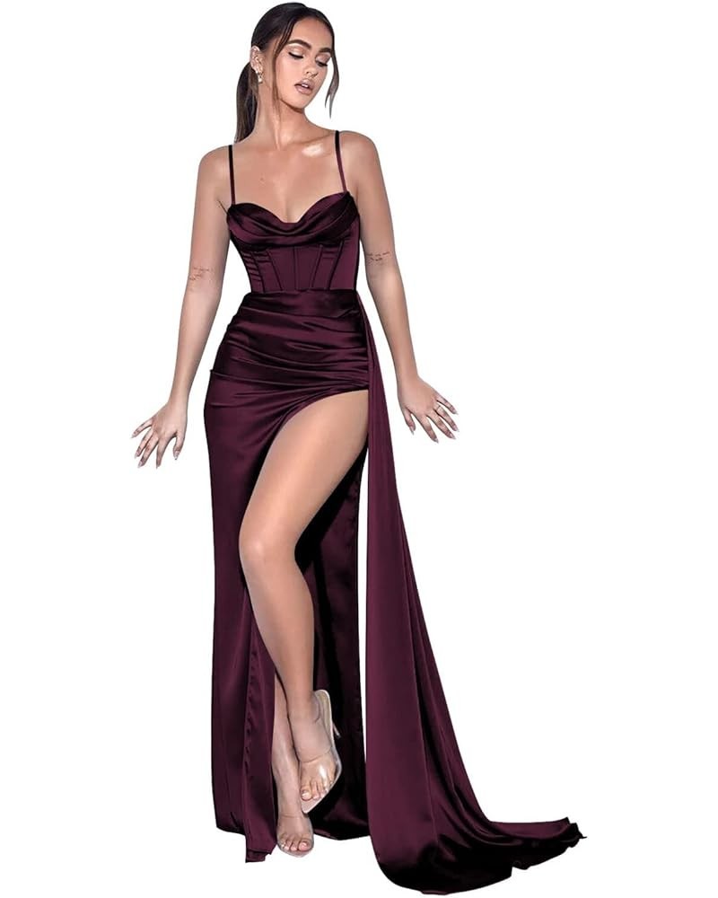 Women's Spaghetti Straps Satin Mermaid Prom Dress Long with Slit Pleated Bodycon Evening Formal Gowns Deep Burgundy $25.48 Dr...