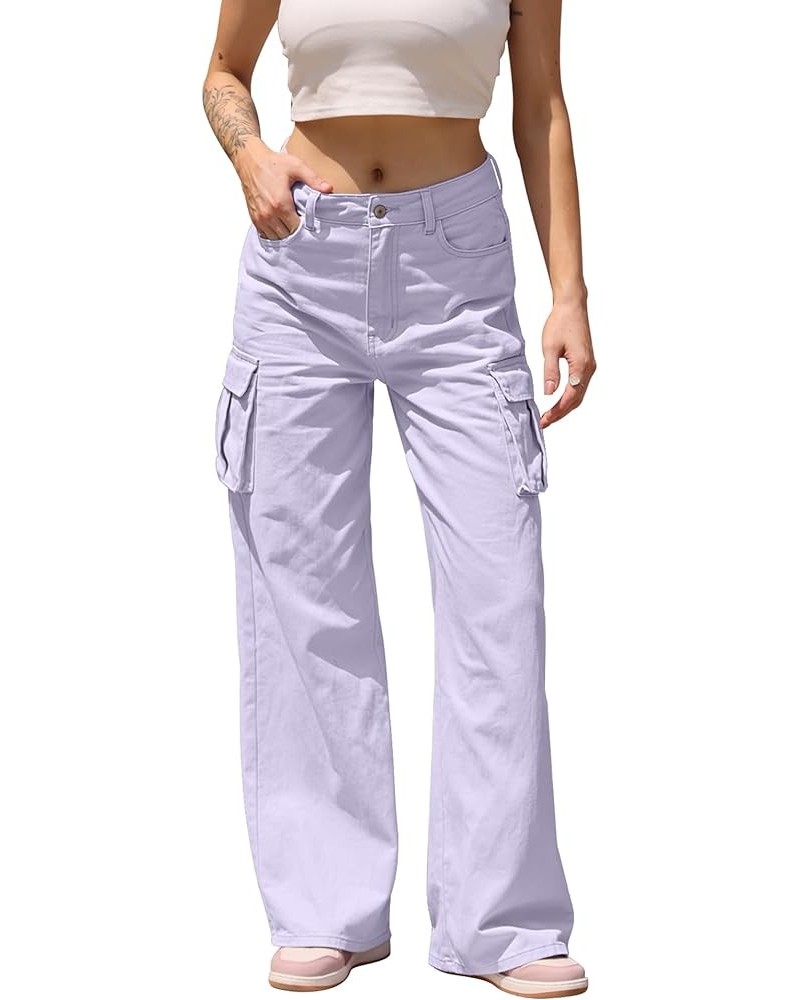 Womens High Waisted Jeans Cargo Pants Flap Pocket Wide Leg Denim Pants Lilac Purple-01 $26.09 Jeans