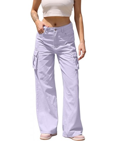 Womens High Waisted Jeans Cargo Pants Flap Pocket Wide Leg Denim Pants Lilac Purple-01 $26.09 Jeans