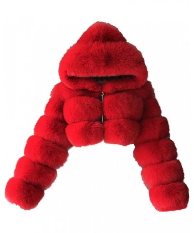 Womens Faux Fur Coat Jacket Warm Open Front Crop Solid Color Shaggy Hooded Cardigan Outwear Red $31.08 Coats