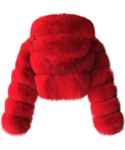 Womens Faux Fur Coat Jacket Warm Open Front Crop Solid Color Shaggy Hooded Cardigan Outwear Red $31.08 Coats