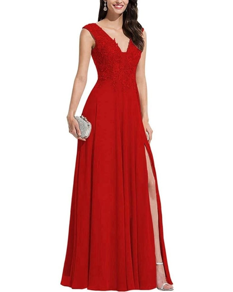 Plus Size V Neck Bridesmaid Dresses Chiffon Laces Appliques A Line Long Slit Formal Evening Gowns Red $38.87 Dresses