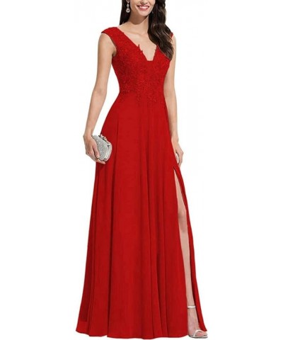 Plus Size V Neck Bridesmaid Dresses Chiffon Laces Appliques A Line Long Slit Formal Evening Gowns Red $38.87 Dresses