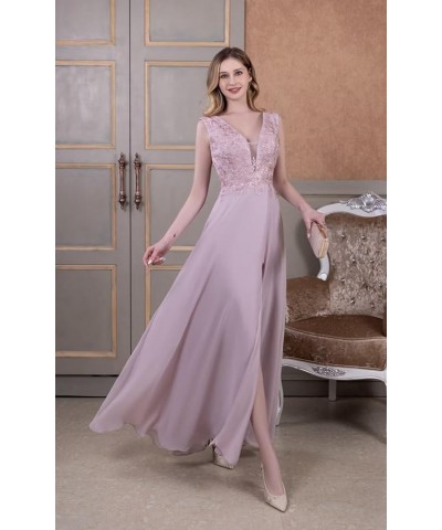 Plus Size V Neck Bridesmaid Dresses Chiffon Laces Appliques A Line Long Slit Formal Evening Gowns Red $38.87 Dresses