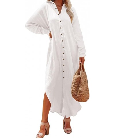 Womens Button Down Shirt Long Sleeve Dress Long Cardigan for Women Cover Ups Shirt Dresses White $13.74 Swimsuits