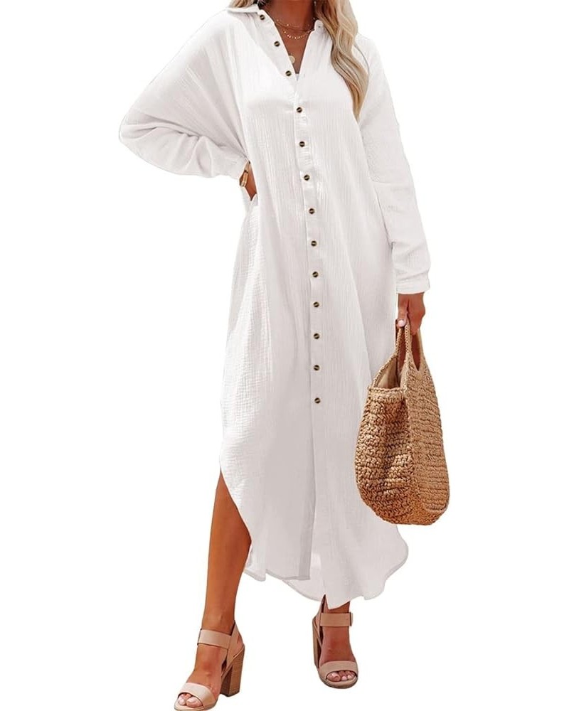 Womens Button Down Shirt Long Sleeve Dress Long Cardigan for Women Cover Ups Shirt Dresses White $13.74 Swimsuits