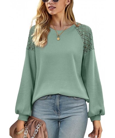 Sweatshirts for Women Crewneck Waffle Knit Sweaters Lace Patchwork Long Sleeve Tops Fall Fashion 2023 01 Sage Green $8.54 Hoo...