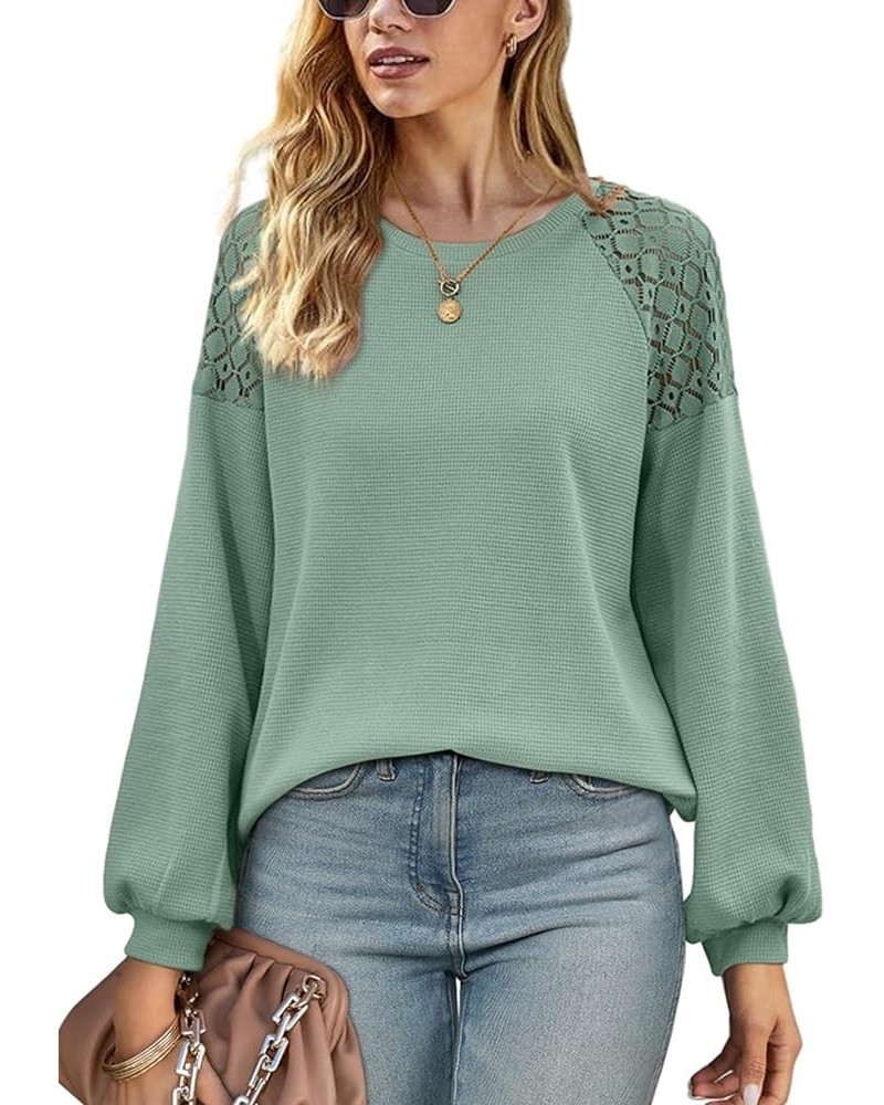 Sweatshirts for Women Crewneck Waffle Knit Sweaters Lace Patchwork Long Sleeve Tops Fall Fashion 2023 01 Sage Green $8.54 Hoo...