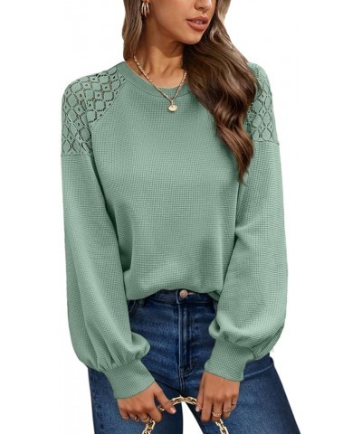 Sweatshirts for Women Crewneck Waffle Knit Sweaters Lace Patchwork Long Sleeve Tops Fall Fashion 2023 01 Sage Green $8.54 Hoo...