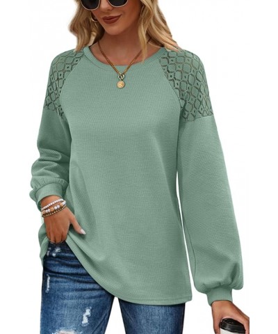 Sweatshirts for Women Crewneck Waffle Knit Sweaters Lace Patchwork Long Sleeve Tops Fall Fashion 2023 01 Sage Green $8.54 Hoo...