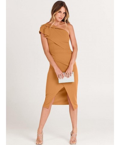 Women’s Summer One Shoulder Sleeveless Ruched Slit Split Dress Sexy Bodycon Midi Formal Party Dresses Orange $25.30 Dresses