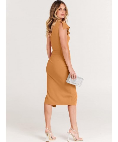 Women’s Summer One Shoulder Sleeveless Ruched Slit Split Dress Sexy Bodycon Midi Formal Party Dresses Orange $25.30 Dresses