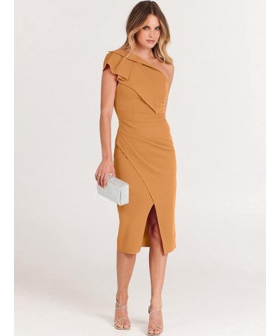 Women’s Summer One Shoulder Sleeveless Ruched Slit Split Dress Sexy Bodycon Midi Formal Party Dresses Orange $25.30 Dresses