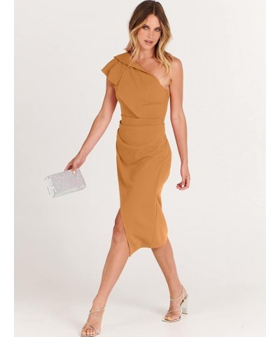 Women’s Summer One Shoulder Sleeveless Ruched Slit Split Dress Sexy Bodycon Midi Formal Party Dresses Orange $25.30 Dresses