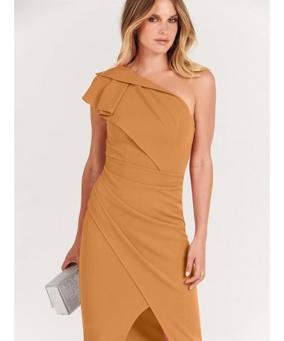 Women’s Summer One Shoulder Sleeveless Ruched Slit Split Dress Sexy Bodycon Midi Formal Party Dresses Orange $25.30 Dresses