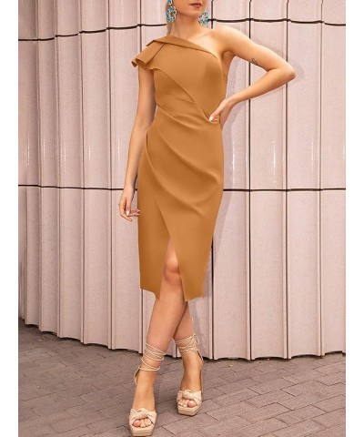 Women’s Summer One Shoulder Sleeveless Ruched Slit Split Dress Sexy Bodycon Midi Formal Party Dresses Orange $25.30 Dresses